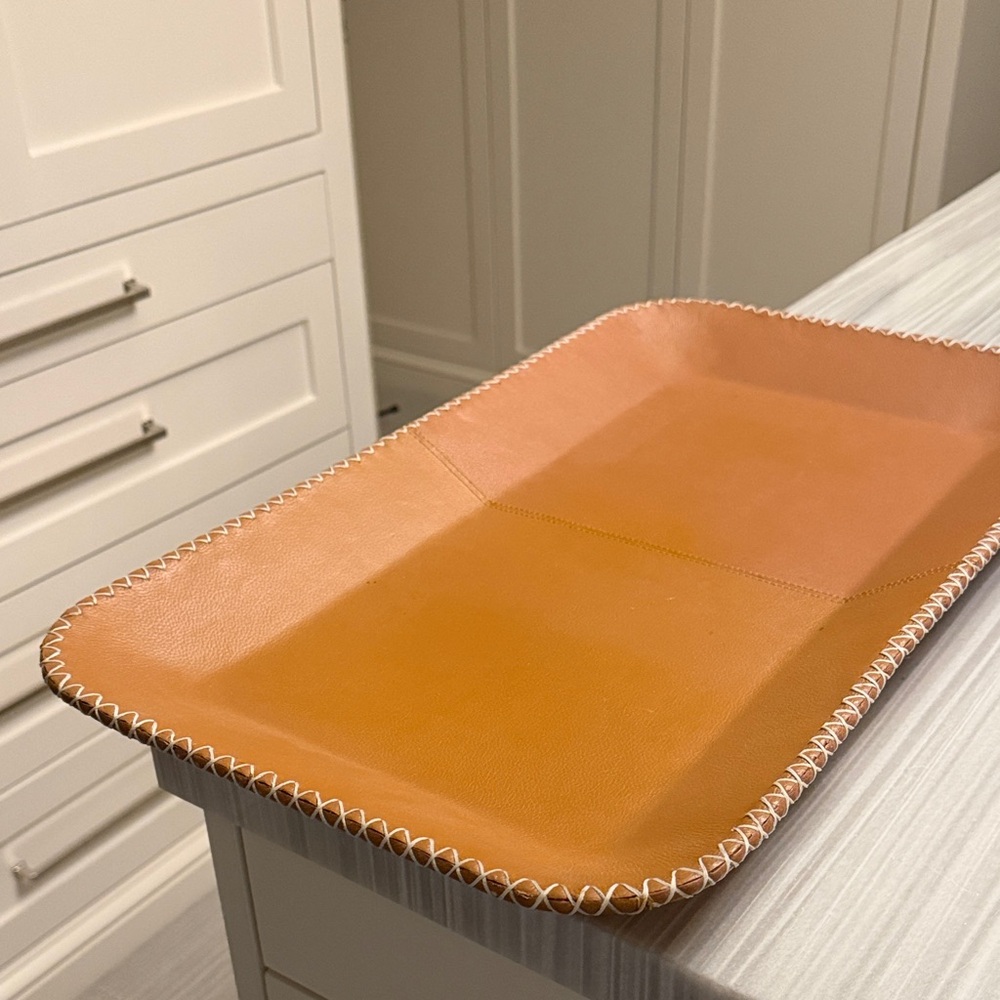 Tan Leather Tray with White Stitching - Picture 3 of 3